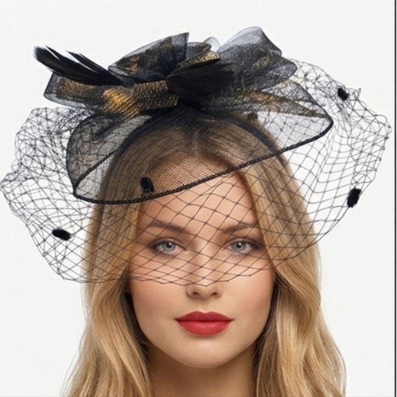 Elegant 3PC Black Dotted Veil Hatinator Fascinator Tea  Derby Church Funeral